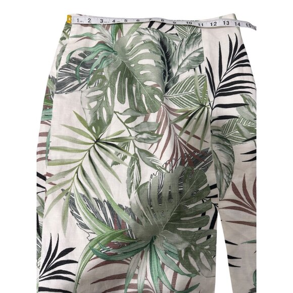Worth New York Pencil Skirt Front Slit Tropical Print Green White Linen Size 0 - Picture 4 of 10